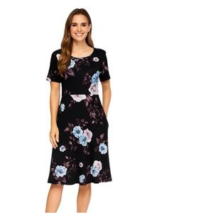 Nemidor Black Multicolor Floral Cottagecore Pockets Midi Dress Plus Size 26